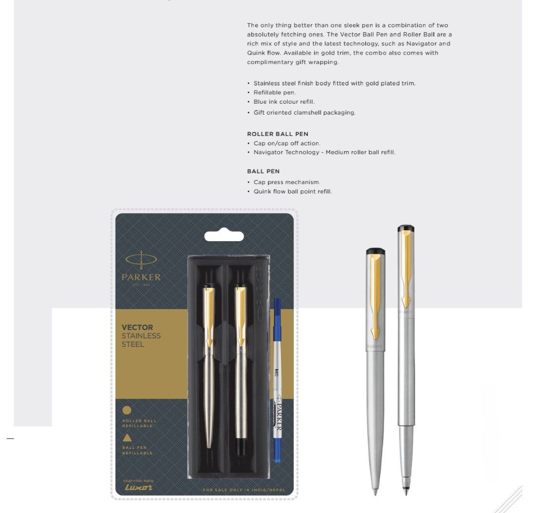 Parker Vector Stainless Steel Ball Pen & Roller Ball Pen Set – Gold Trim